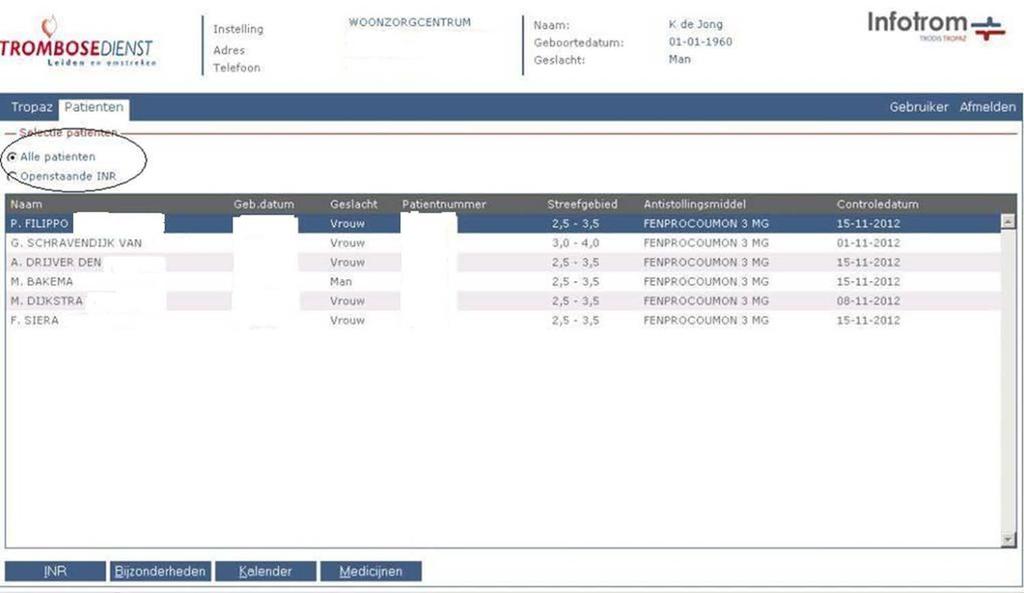 Selecteer Openstaande INR voor patienten die geprikt