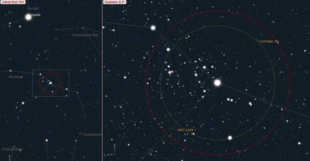 Collinder 30 (Melotte 20) in Perseus Mooie, uitgebreide, heldere open sterrenhoop rond de heldere ster α Perseus, Mirfak.