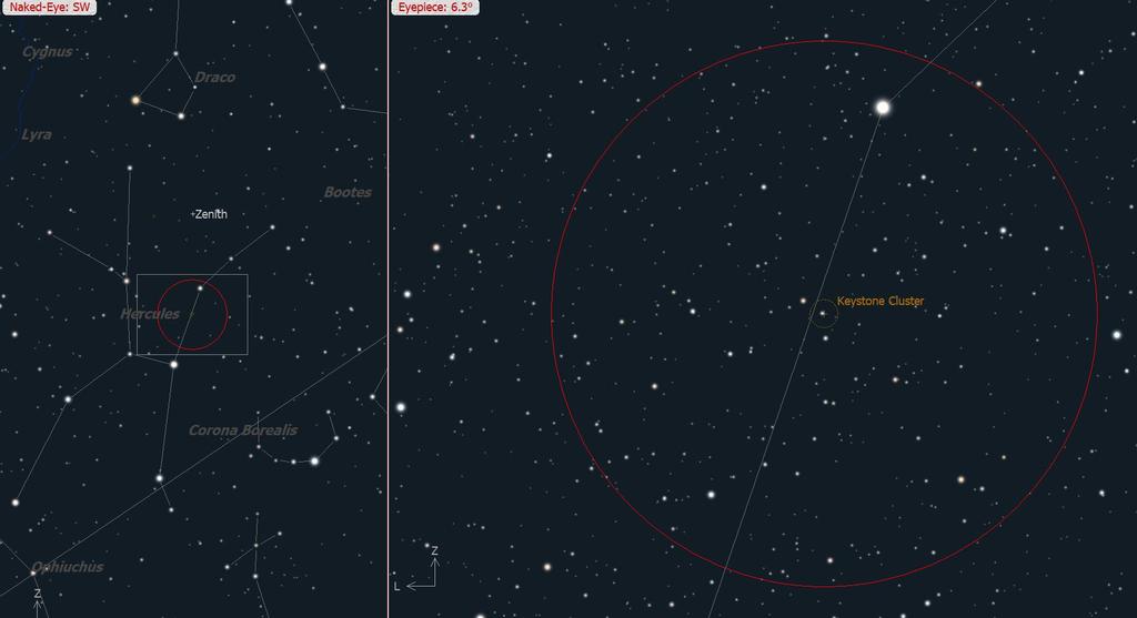 M13, ook wel het Keystone cluster genoemd, is bij redelijk donkere hemel al met