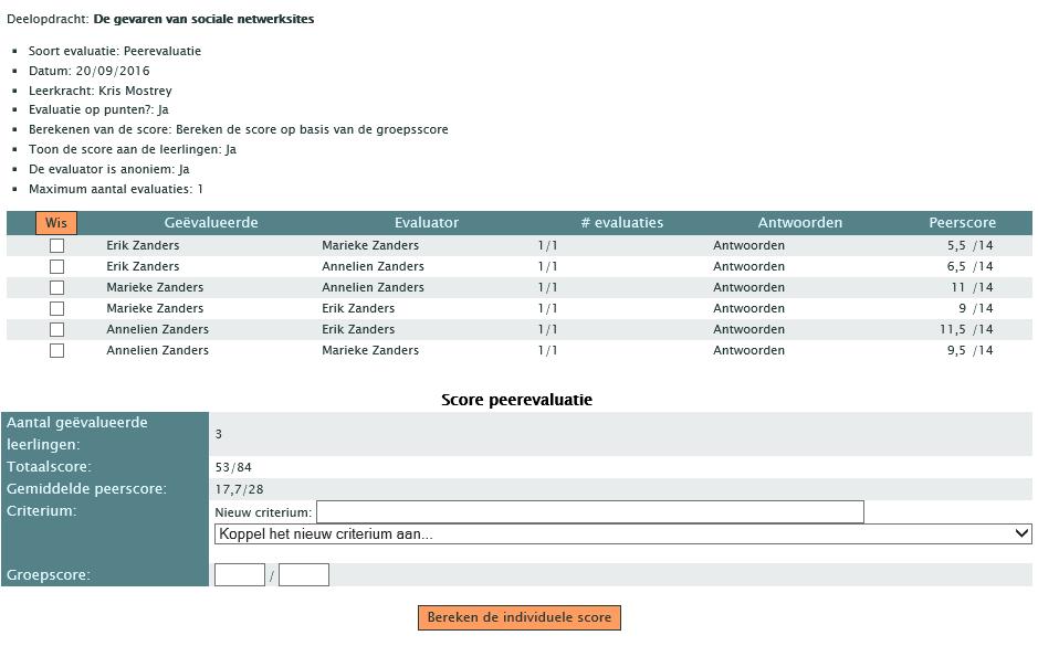 Opnieuw ga je naar Score toekennen en krijg je eerst een overzicht van de instellingen en de individuele antwoorden van de leerlingen.