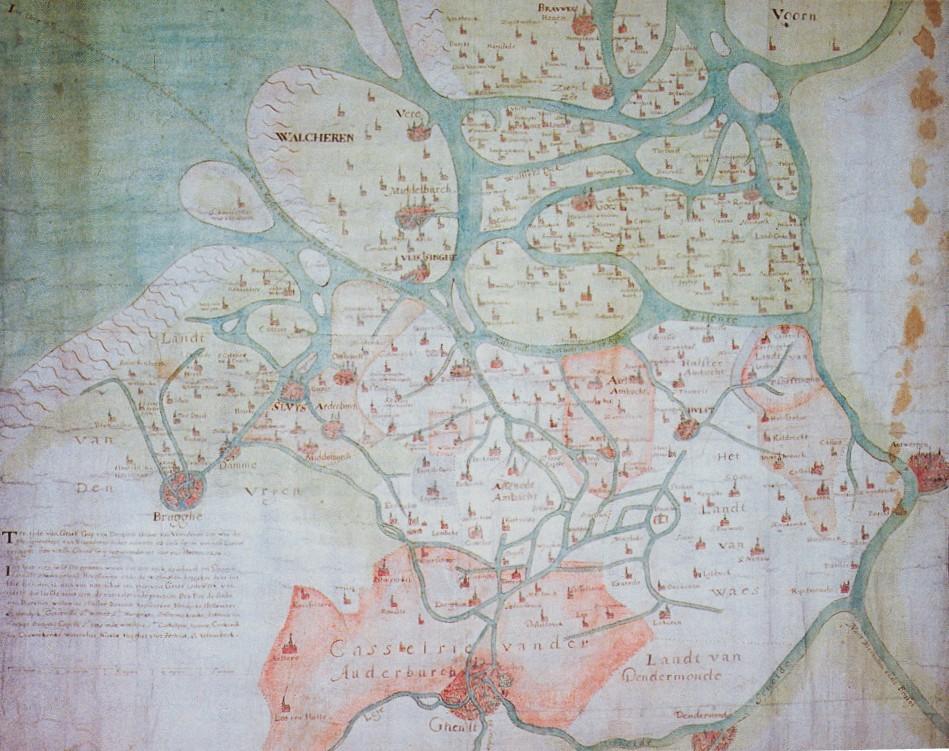 Dampierre kaart uit de 16e eeuw, die op basis van overgeleverde gegevens de situatie van het jaar 1274 weergeeft.