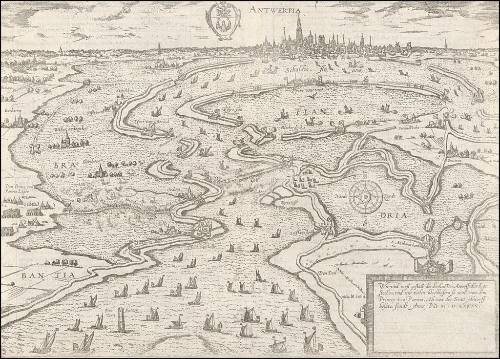De oostelijke inundaties tijdens het Beleg van Antwerpen 1584-1585 (links Brabant rechts Vlaanderen) Het westelijke en oostelijke deel van Zeeuws-Vlaanderen werden los van elkaar onder water gezet.
