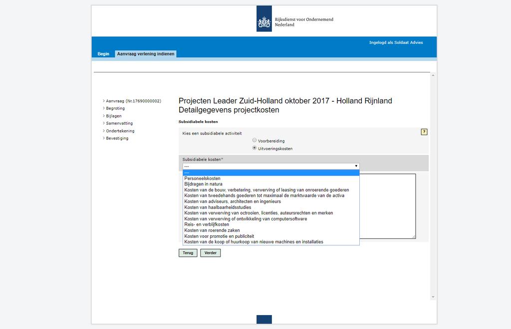 Subsidiabele kosten Klik onder het kopje Subsidiabele kosten op het pijltje aan