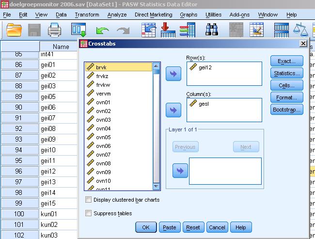 Chi² toets: de procedure I DLWO: Sportmonitor 2009/ 2013 Ga in SPSS naar analyse / descriptives/ crosstabs.