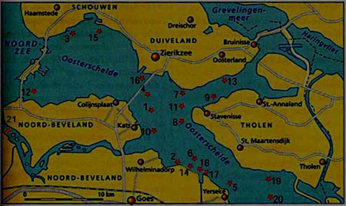 De Oosterschelde De Oosterschelde is een zeearm in de provincie Zeeland, die omgeven wordt door de schiereilanden Schouwen- Duiveland, Tholen, Zuid-Beveland en Noord-Beveland en (oorspronkelijk) een