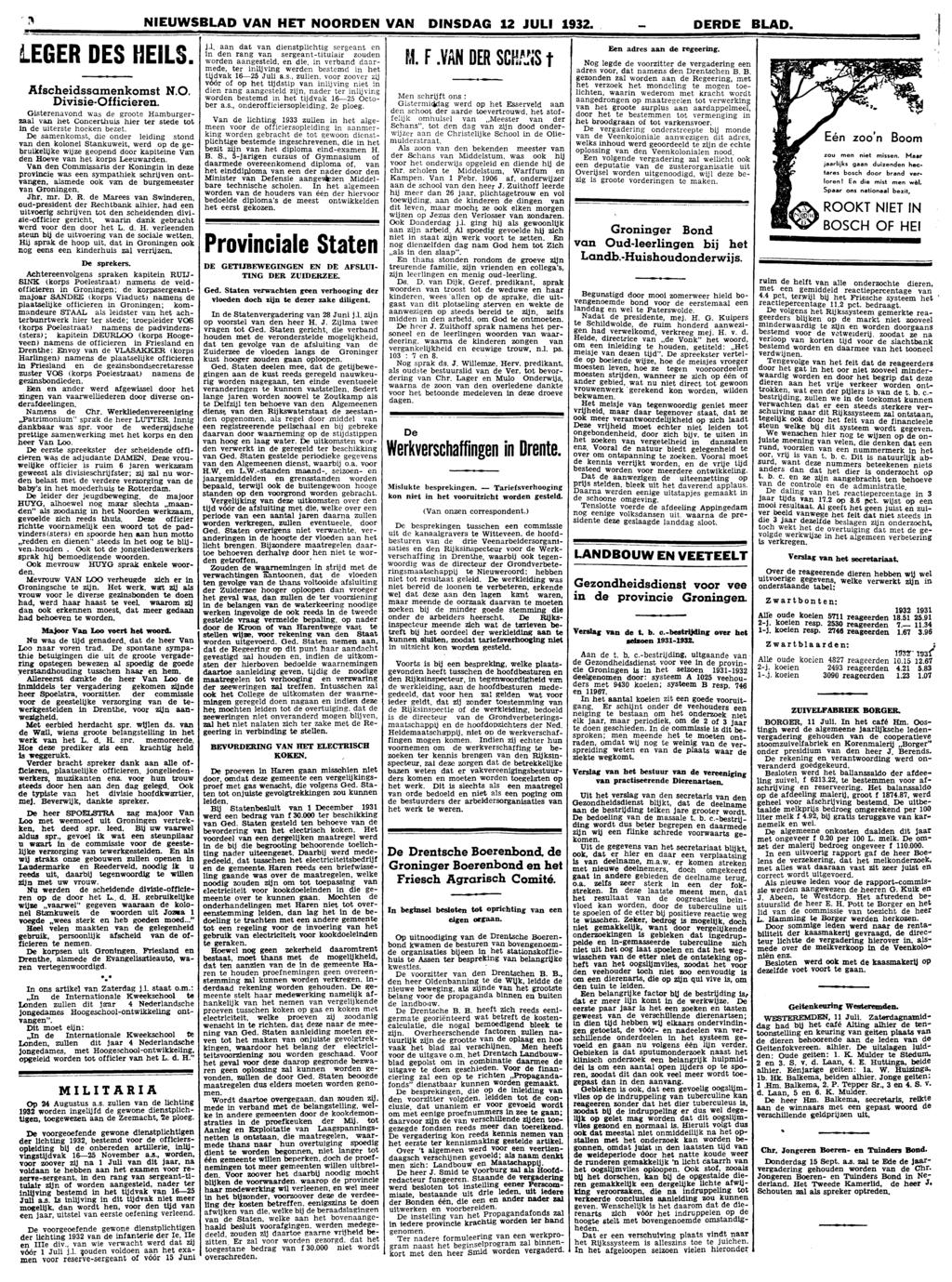 10 NIEUWSBLAD VAN HET NOORDEN VAN DINSDAG 12 JULI 1932 DERDE BLAD LEGER DES HEILS Afscheidssamkomst NO Divisie-Officier Gisteravond was de groote Hamburgerzaal van het Concerthuis hier ter stede tot