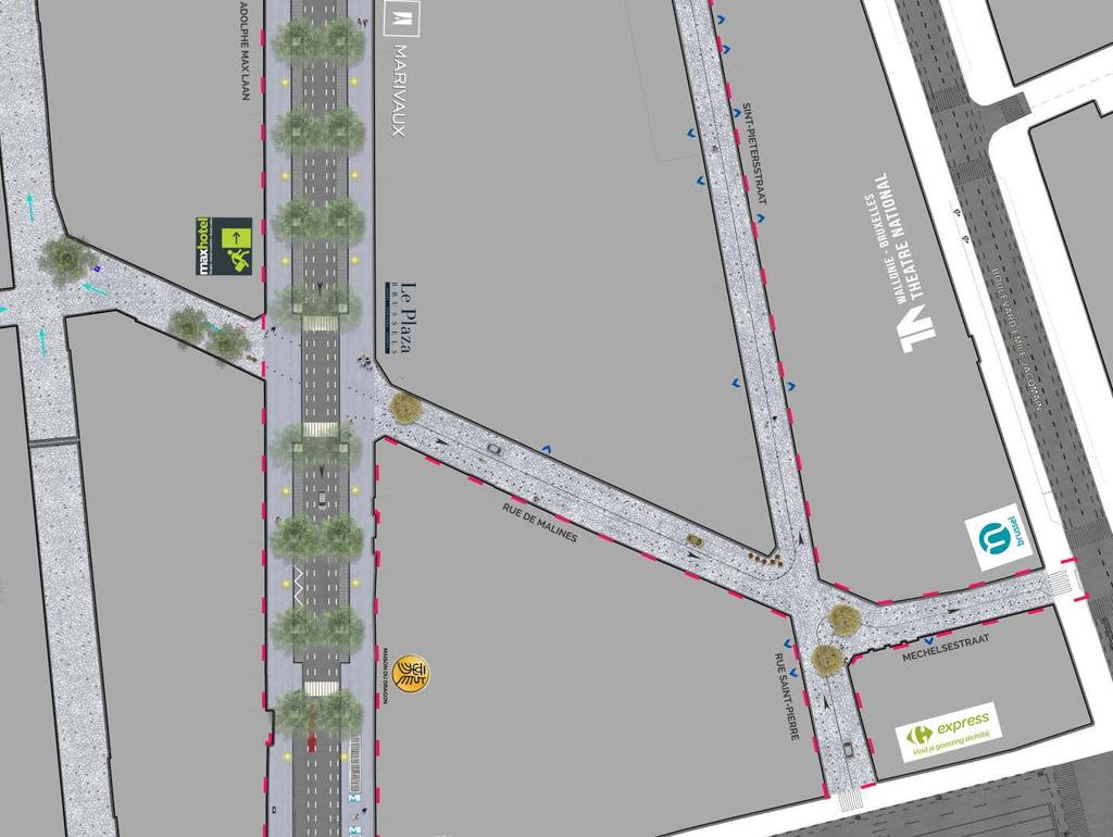 MECHELSESTRAAT Woongebied, aanleg op gelijke hoogte ( gelijkvloerse aanleg ) met centrale afvoergoot. Opwaarderen van de gewestelijke fietsroute. Behoud van de parkeerplaatsen.