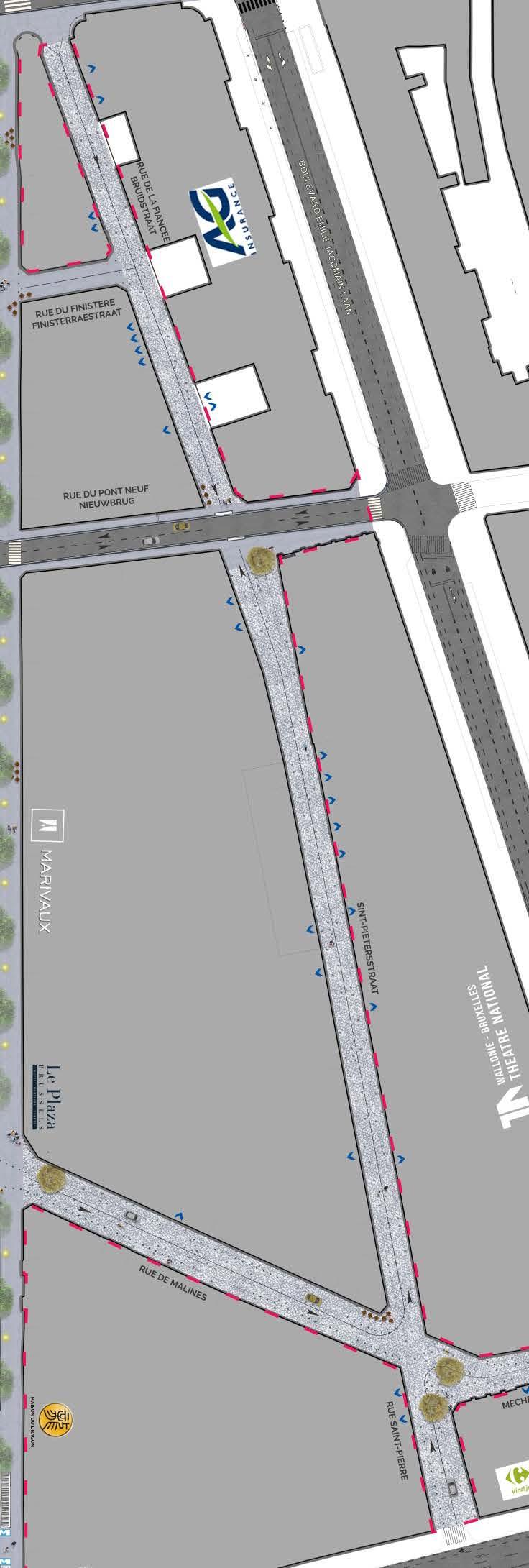 BRUIDSSTRAAT EN SINT-PIETERSSTRAAT Woongebied, aanleg op gelijke hoogte ( gelijkvloerse aanleg ) met centrale afvoergoot Behoud van de leveringszones aan de kruispunten Behoud van