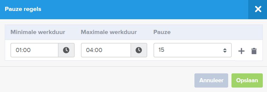 12.7.8 Pauze regels Door te klikken op de pauze regels in de tijdregistratie instellingen, kan op basis van de lengte van de werktijd de pauze ingesteld worden.