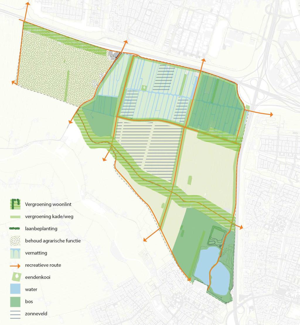 Langs de bestaande en nieuwe noord-zuid gerichte recreatieve routes worden bomen aangebracht en worden drie grotere parken ontwikkeld.