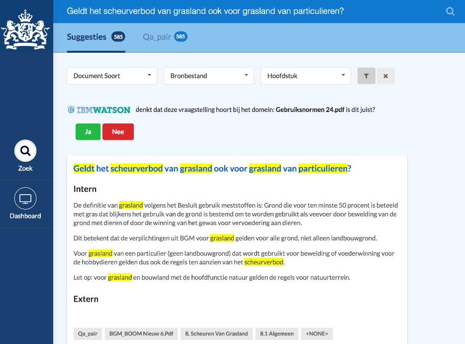 Sprint 2: Expertkennis en Domeinherkenning Door het Machine Learning model uit Watson Knowledge Studio toe te passen op de vraagstelling en de kennisdocumenten, worden relevantere documenten gevonden.