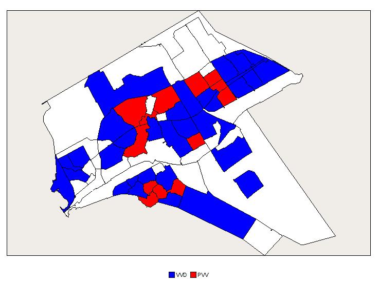 De Stemmen geteld 3.1 Uitslagen stadsdelen en wijken In alle stadsdelen is de VVD de grootste partij, in Almere Hout met zelfs 43% van de stemmen.