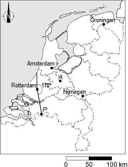 3 maximumscore 4 De juiste hoek vanuit het noorden tekenen De afstand van Rotterdam