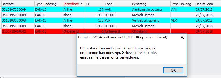 komt niet uit die Count-e databank (bijvoorbeeld een barcode die in een ander systeem gebruikt werd). Deze lijn dient verwijderd te worden, voor Count-e de scans kan verwerken.