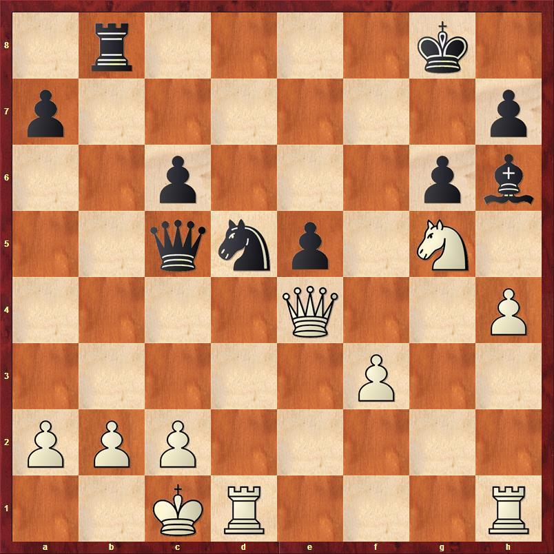 22 Pe3?? Een slechte zet. Hier had zwart weer in het spel kunnen komen met: 22 Pb4 23. Kb1 Pd5 24. Dg4 Pc3+ 25. Ka1 of 22 Lg7 23. a3 pf6. 23. Td7 Pf5 24.