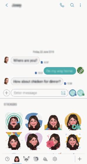 Als u een bericht opstelt, tikt u op of op het Samsung-toetsenbord en tikt u op het Mijn Emojipictogram.