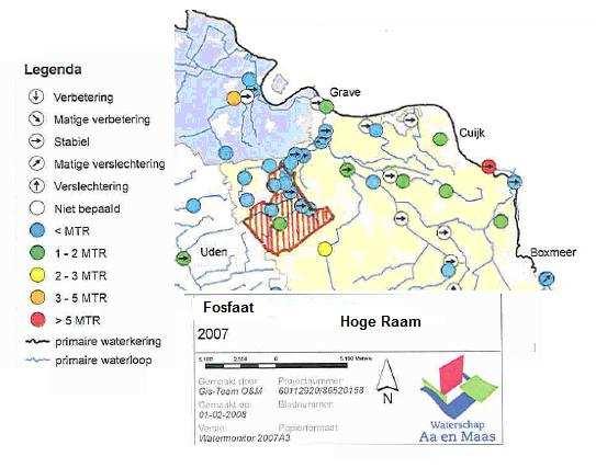 Geen pijltje betekent dat er niet lang genoeg gemeten is om trend te bepalen. Figuur 4: Meetpunten fosfaat t.a.v. MTR in pilotgebied De Hooge Raam.