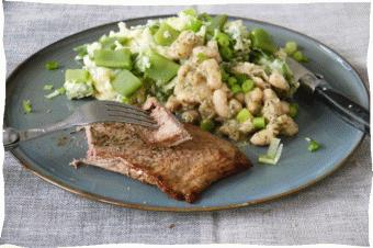 Hoofdgerecht Kalfsschnitzel met blote-billetjes-in-het-gras 0 min In de Krat Kruimige aardappelen (g) Snijbonen (g) Lente-ui (stuk(s)) Gedroogd bonenkruid (el) Witte bonen (blikje(s)) Ricotta (g)