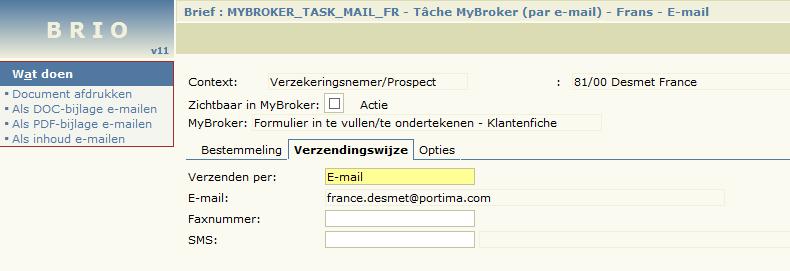 De e-mail verschijnt in Outlook: klik op Verzenden. Een activiteit van het type Communicatie verzonden e-mail wordt gecreëerd en afgesloten.