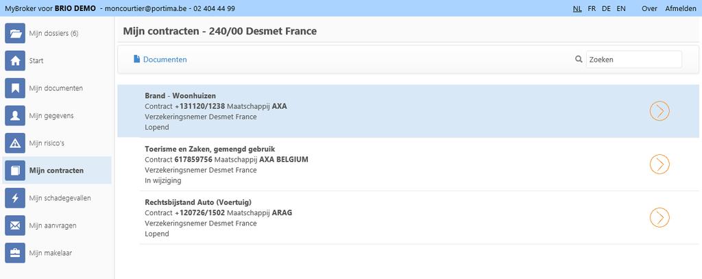 3.1.3. Mijn contracten De consultatie van de contracten verloopt gelijkaardig. Klik in de linker kolom op «Mijn contracten»: de lijst van de contracten verschijnt in de rechter kolom.