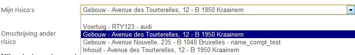 Mijn beschadigde goederen a) Als de klant is vertrokken vanuit het risico-object, dan is dit risico-object al vermeld. Hij kan zijn andere risico-objecten zien door op de pijl te klikken.