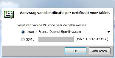 De bestelling van een certificaat voor tablet zal 2 codes genereren: 1. Een DC code (Download Code) die per e-mail gestuurd wordt naar de gebruiker. Deze code kan ook naar uw GSM gestuurd worden. 2. De QR code die de gebruiker moet scannen met behulp van de applicatie MyBroker.