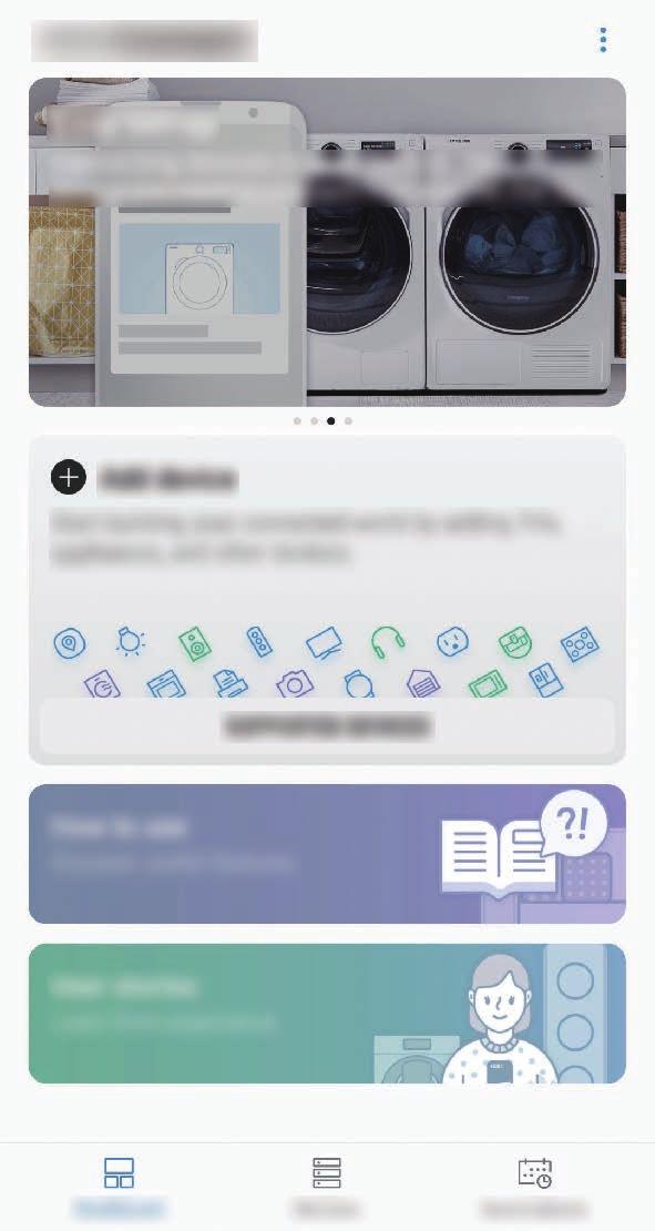 Apps en functies Open de map Samsung en start de app Samsung Connect. Het dashboard wordt weergegeven. Extra opties weergeven. Apparaten in de buurt zoeken en registreren.