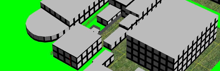 2D-weergave geluidmodel nieuwe situatie met maatregelen (gebouw met geluidschermen) H= 2.
