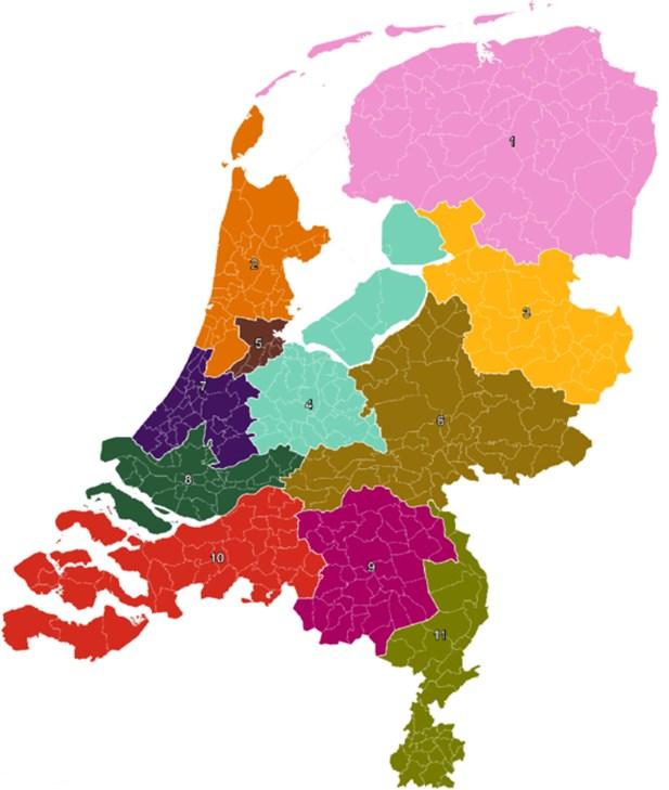 Figuur 9 Indeling Nederland in 11 arrondissementen Notitie. Deze kaart is afkomstig van www.regioatlas.nl. 1. Noord-Nederland, 2. Noord-Holland, 3. Overijssel, 4. Midden-Nederland, 5. Amsterdam, 6.