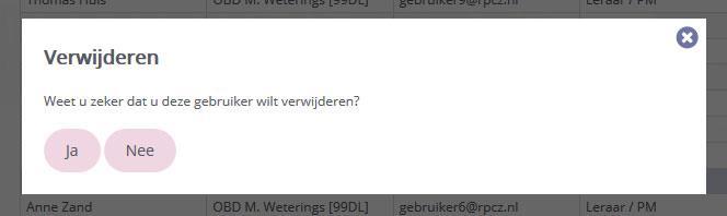 Gebruiker verwijderen U bent in het overzicht van de gebruikers van uw school. Klik op de gebruiker die u wilt verwijderen Klik op Verwijderen Het systeem stelt nu de volgende controlevraag.