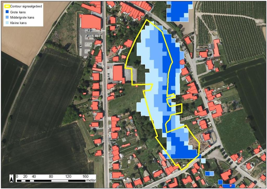 Figuur: De blauwe contouren geven de huidige overstromingskans weer. Hoe donkerder blauw, hoe groter de overstromingskans.