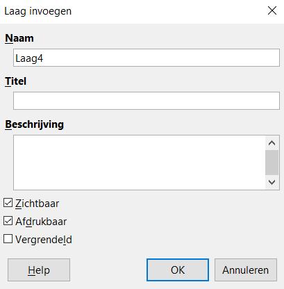 Afbeelding 10: Dialoogvenster Laag invoegen Lagen invoegen Klik met rechts op de Lagenbalk onderin de Werkruimte en kies Laag invoegen in het contextmenu of ga naar Invoegen > Laag op de Menubalk om