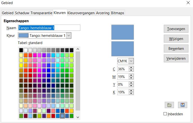 Afbeelding 22: Dialoogvenster Gebied tabblad Kleuren Kleuren selecteren 1) Ga naar Extra > Opties > LibreOffice > Kleuren (Afbeelding 21) of naar Opmaak > Vlak tabblad Kleuren (Afbeelding 22) op de