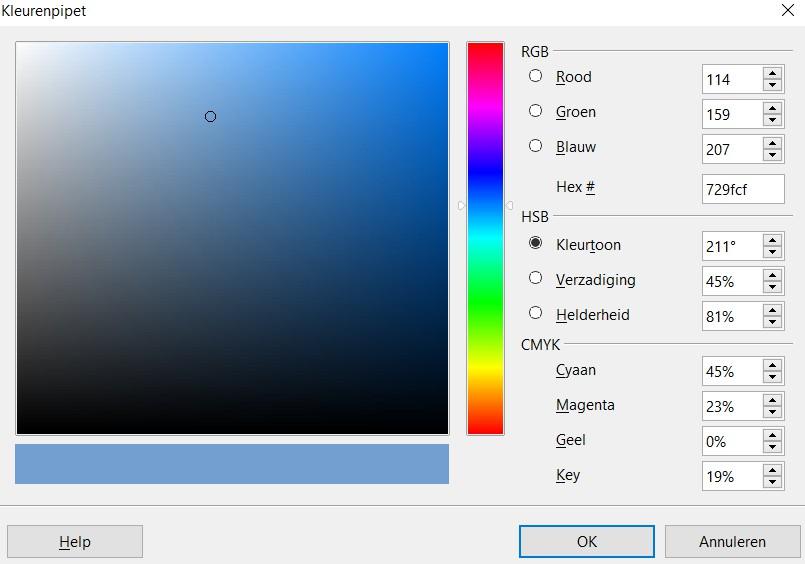 Afbeelding 23: Dialoogvenster Kleurenpipet 3) De kleurbalk onder het gebied van het kleurvoorbeeld zal de nieuwe kleur op de linker helft weergeven, zodat u deze kan vergelijken met de