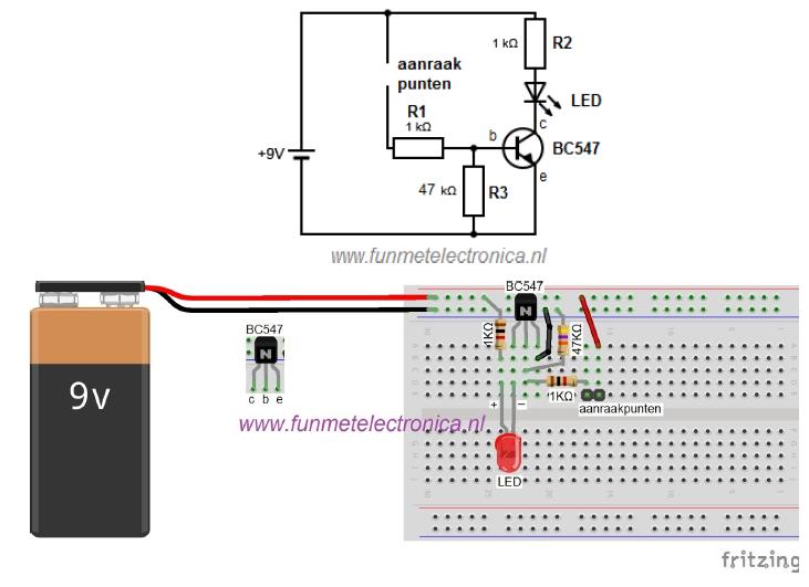 1.3.3 Opdracht 3: Tiptoets schakeling Opdracht 3.1. In dit project gebruik je niet een drukknop om een led te schakelen, maar de schakeling word verzorgd door een transistor.