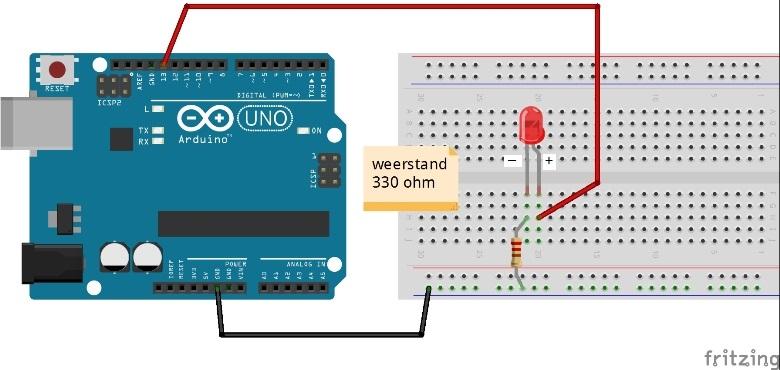 4.1 Les 1: led 4.1.1 Functie en opdrachten Als de opstelling correct gebouwd is volgens de bouwtekening en de code geüpload is zal het lampje gaan knipperen. Opdracht 1.1. Probeer led twee keer zo snel te laten knipperen: verander de tijden.