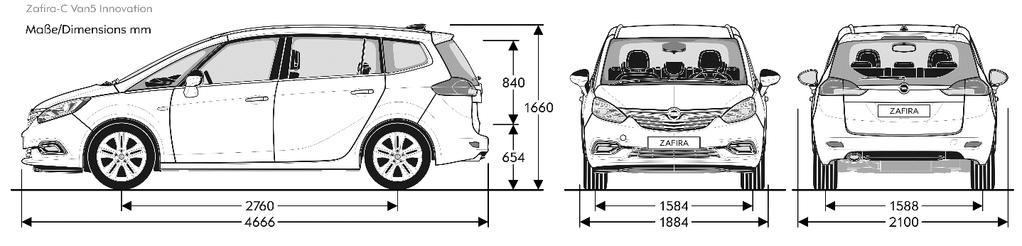 TECHNISCHE SPECIFICATIES OPEL ZAFIRA BUITENAFMETINGEN in mm Lengte 4.657 Breedte met uitgeklapte / ingeklapte buitenspiegels 1,884 / 2,118 Hoogte (leeggewicht) 1.687 Wielbasis 2.