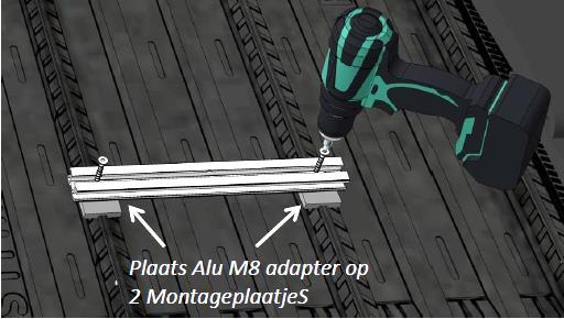 stap 5b: Montage Alu M8 adapter bij landscape montage 30cm Monteer de Alu M8 adapter horizontaal en altijd op een montageplaatje ter plaatse van de tengel.