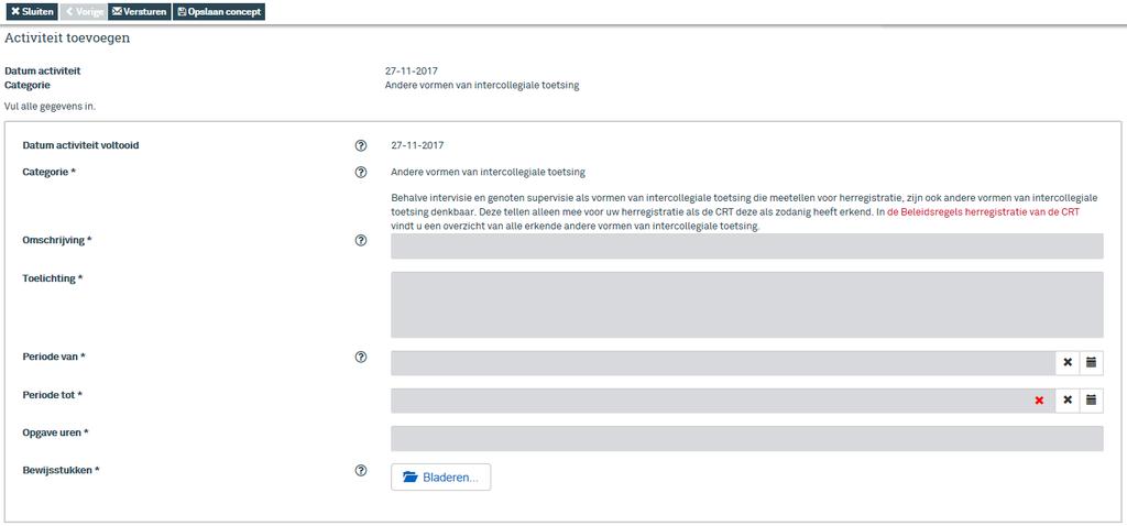 Voeg hier uw intercollegiale toetsing toe. U kunt kiezen voor intervisie, genoten supervisie of andere vormen van intercollegiale toetsing (deze laatste tellen alleen mee als de CRT ze heeft erkend).