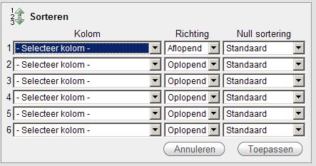 1 Sorteren Hiermee kan worden opgegeven op welke kolommen gesorteerd moet worden en in