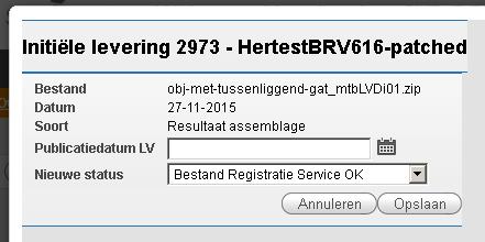 icoon navigeren naar een scherm waarin de gebruiker voor dat bestand kan aangeven wat de publicatiedatum in de LV-BGT is, en wat de status van het bestand moet zijn in Bravo: Bestand Registratie