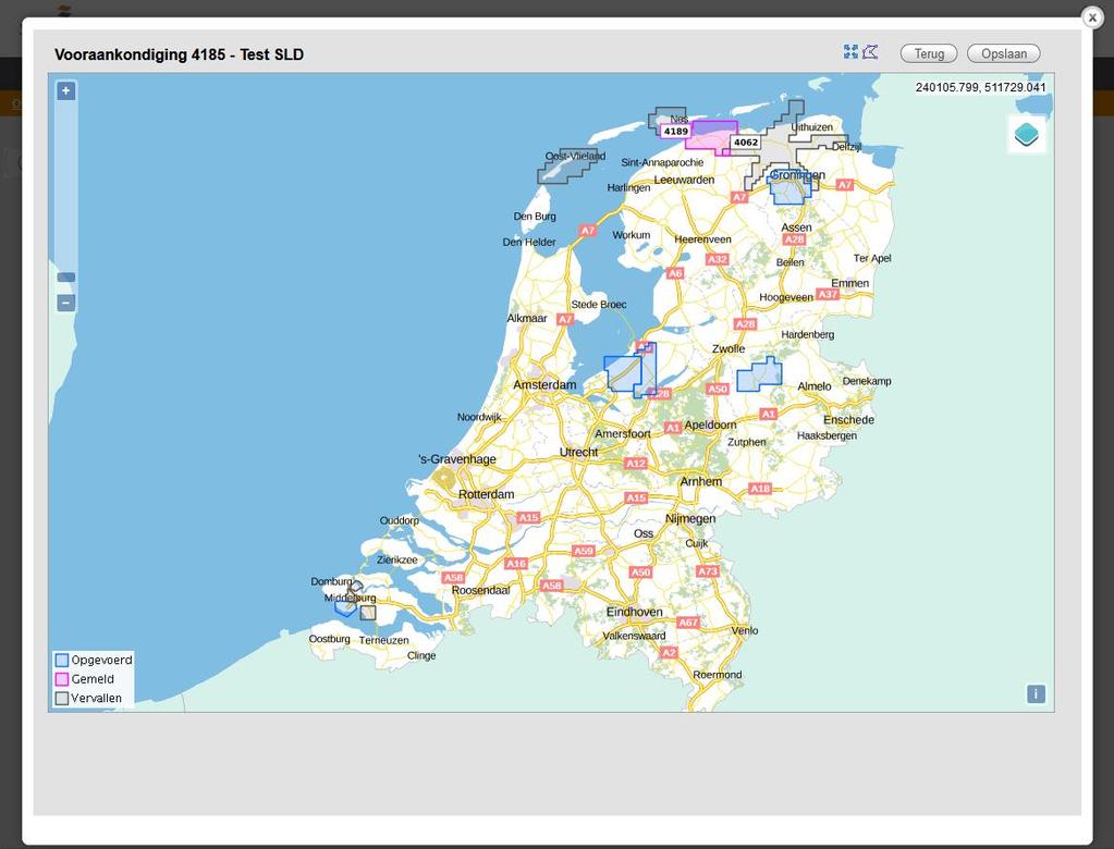 In het volgende voorbeeld is te zien dat de vooraankondiging 4057 overlapt met een andere vooraankondiging (4062, grijs, vervallen).