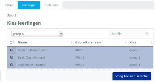 - Stap 2 selecteer de leerlingen die deze takenmap moeten gaan doen, kies eerst een klas of subgroep en