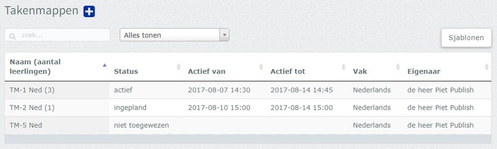 Het takenmappen-overzicht Ga naar de docentenkamer en klik links in het grote menu op Takenmappen. De lijst met takenmappen verschijnt.