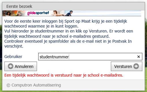 1. Ga naar www.gildesportief.nl en klik op Eerste bezoek?. 2. Vul nu je studentnummer in en klik op Versturen. 3.