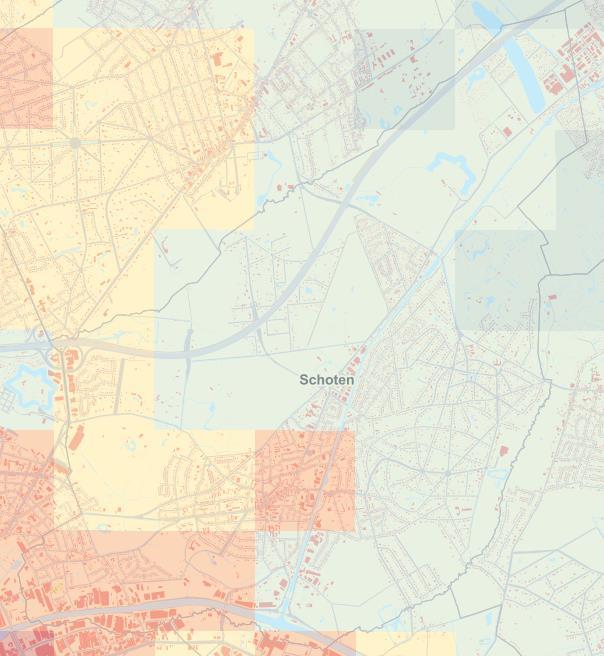 Figuur 6: Warmtekaart Vlaanderen: Kansrijke gebieden voor de aanleg van een warmtenet, VITO bron: geopunt Vlaanderen 2015 Specifiek: waarbij restwarmte wordt onttrokken via een buurcel, met een