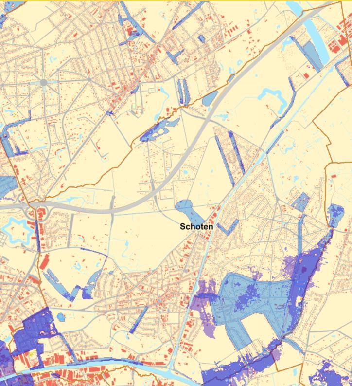 Kaart 9: Overstromingen in bebouwd gebied Bron: Geopunt Van het bebouwd gebied zijn vooral deze gebieden die extra kwetsbaar voor wateroverlast: Wijk Deuzeld Wijk Donk Delen van de bedrijvenzone aan