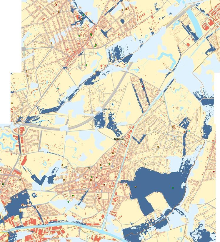 Kaart 16: Overstromingsgevoelige gebieden in combinatie met kwetsbare groepen (licht blauw matig OGG en donker blauw effectief OGG) Bron: Geopunt C.