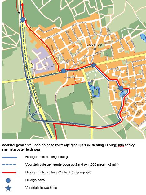 -22-5. Routewijziging lijn 136 in Loon op Zand. Door de aanleg van de snelfietsroute Tilburg Waalwijk wil de gemeente lijn 136 graag van de Heideweg af hebben.