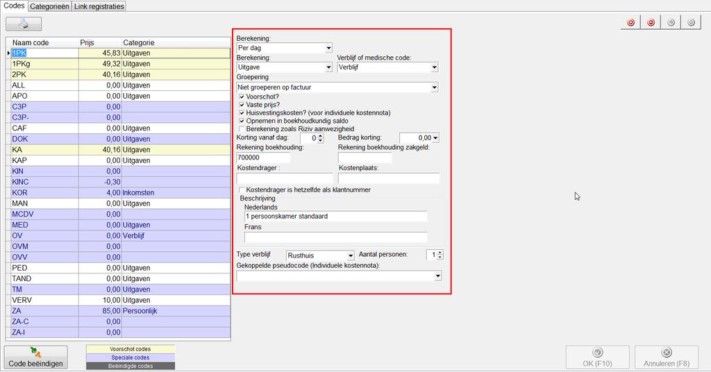 2. Codes 2.3 Categorie kiezen en vervolledigen Nadat de code is gecreëerd moet het veld naast het overzicht code nog correct ingevuld worden om een juiste facturatie te krijgen.